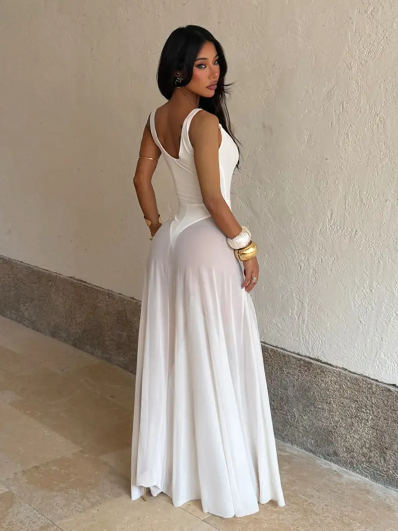 Women's Plain Deep V Neck Sheer Lightweight Tulle Cami Dress, Elegant Chic Sleeveless Maxi Dress for Evening Party Holiday Wedding Guest, Ladies Summer Clothes, Brunch Dresses