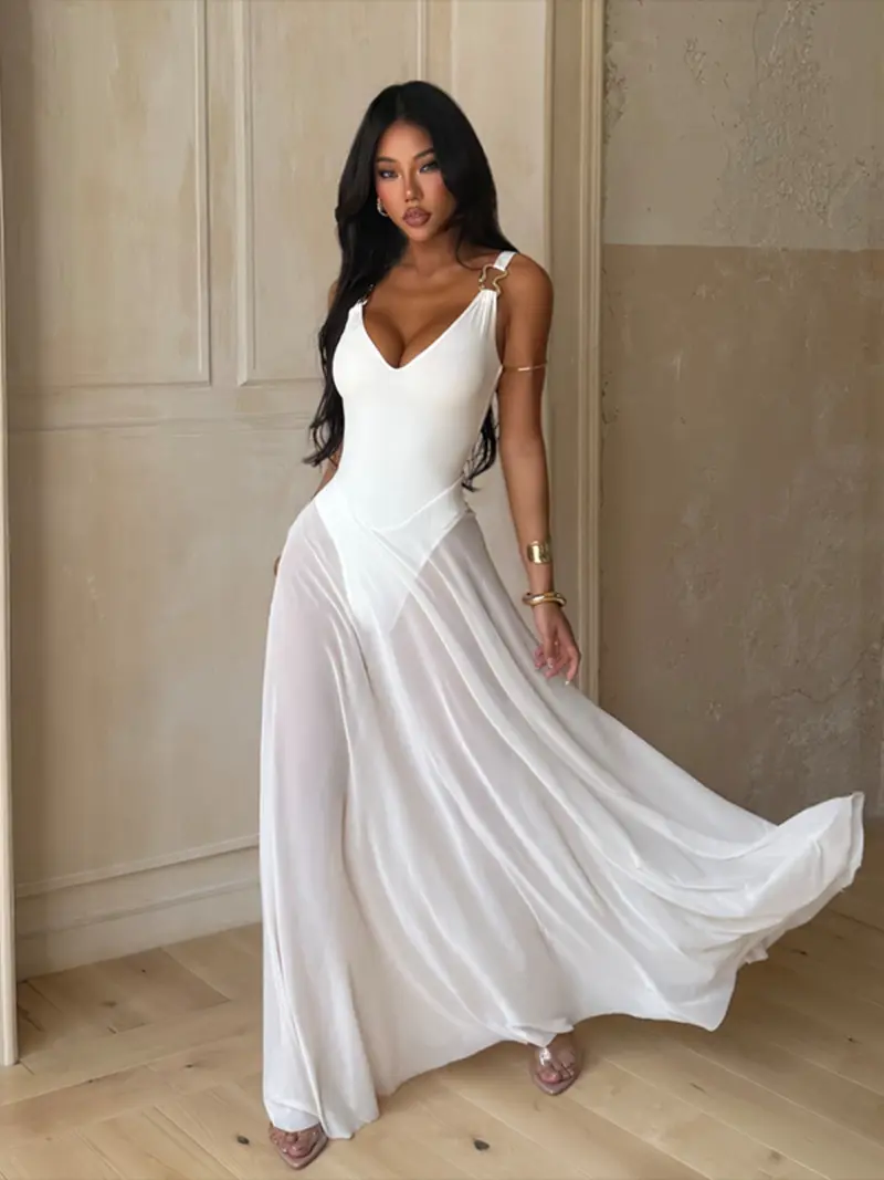 Women's Plain Deep V Neck Sheer Lightweight Tulle Cami Dress, Elegant Chic Sleeveless Maxi Dress for Evening Party Holiday Wedding Guest, Ladies Summer Clothes, Brunch Dresses