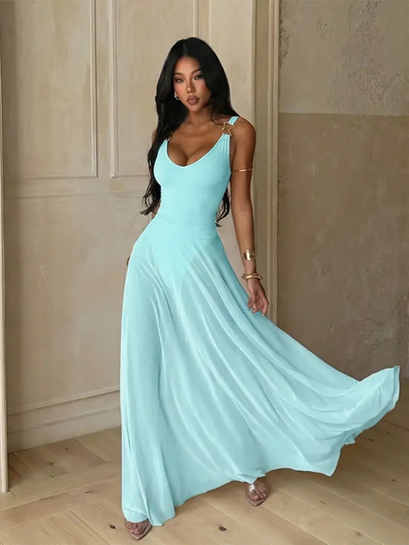 Women's Plain Deep V Neck Sheer Lightweight Tulle Cami Dress, Elegant Chic Sleeveless Maxi Dress for Evening Party Holiday Wedding Guest, Ladies Summer Clothes, Brunch Dresses