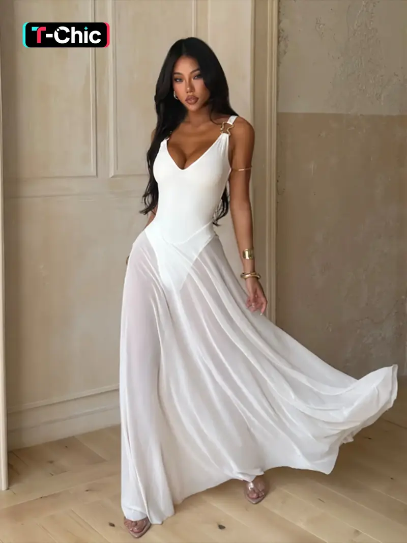 Women's Plain Deep V Neck Sheer Lightweight Tulle Cami Dress, Elegant Chic Sleeveless Maxi Dress for Evening Party Holiday Wedding Guest, Ladies Summer Clothes, Brunch Dresses