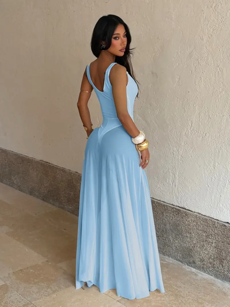 Women's Plain Deep V Neck Sheer Lightweight Tulle Cami Dress, Elegant Chic Sleeveless Maxi Dress for Evening Party Holiday Wedding Guest, Ladies Summer Clothes, Brunch Dresses