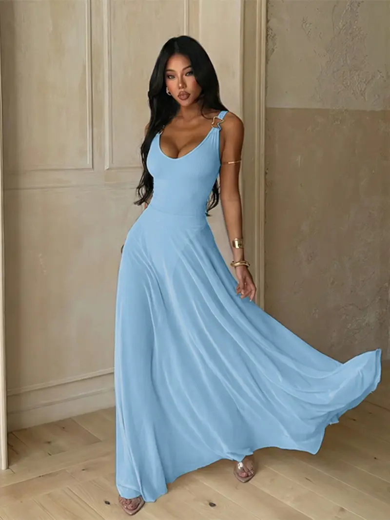 Women's Plain Deep V Neck Sheer Lightweight Tulle Cami Dress, Elegant Chic Sleeveless Maxi Dress for Evening Party Holiday Wedding Guest, Ladies Summer Clothes, Brunch Dresses