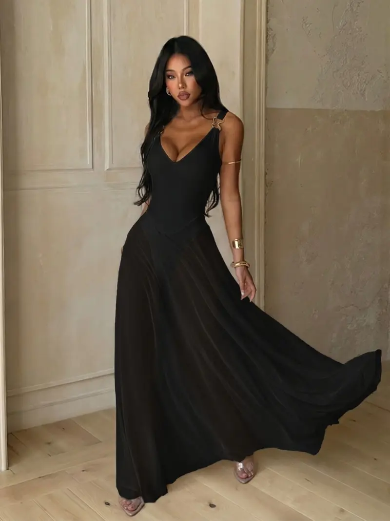 Women's Plain Deep V Neck Sheer Lightweight Tulle Cami Dress, Elegant Chic Sleeveless Maxi Dress for Evening Party Holiday Wedding Guest, Ladies Summer Clothes, Brunch Dresses