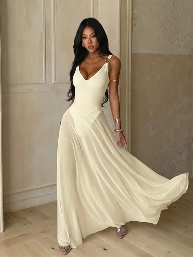 Women's Plain Deep V Neck Sheer Lightweight Tulle Cami Dress, Elegant Chic Sleeveless Maxi Dress for Evening Party Holiday Wedding Guest, Ladies Summer Clothes, Brunch Dresses