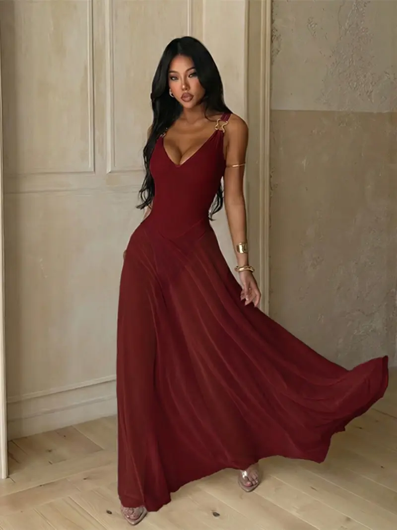 Women's Plain Deep V Neck Sheer Lightweight Tulle Cami Dress, Elegant Chic Sleeveless Maxi Dress for Evening Party Holiday Wedding Guest, Ladies Summer Clothes, Brunch Dresses
