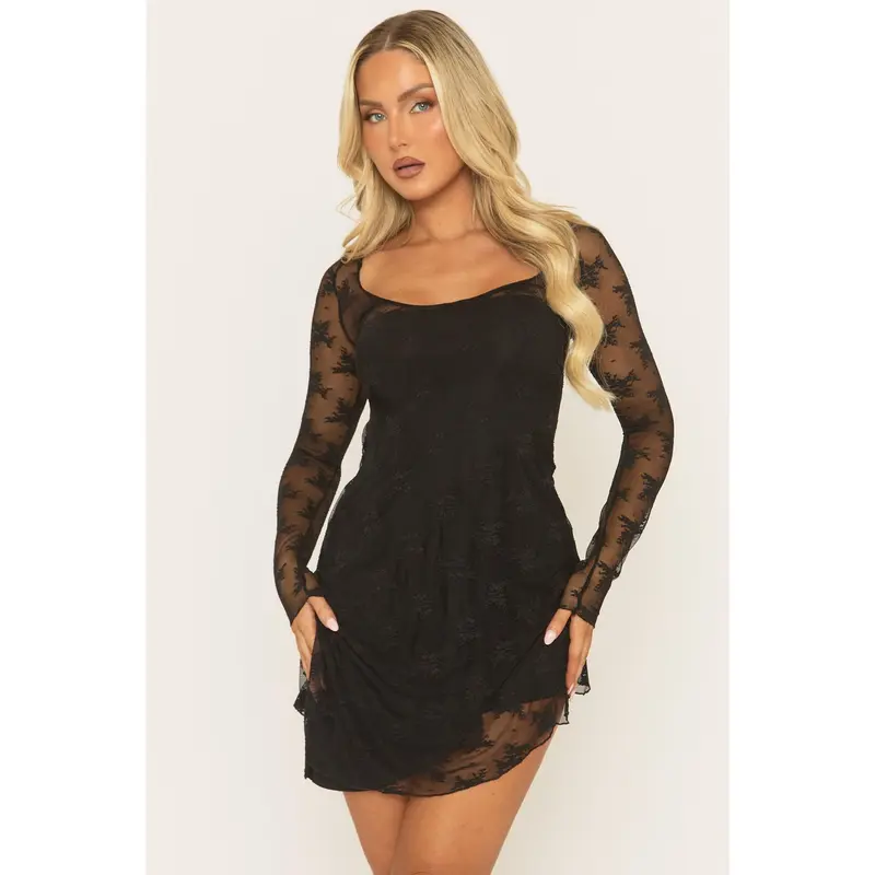 Randal Womenswear Rebellious Fashion Lace Long Sleeve Asymmetric Mini Dress