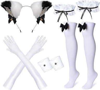 Anime French Maid Lolita Fancy Queen Princess Dress Cosplay Costume Furry Cat Ear Gloves Socks set