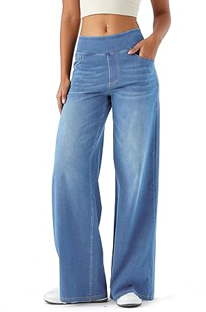 LaiEr Large Denim Wide Leg Pants for Women, High Waisted and Slimming with Multiple Pockets, Straight Tube, Loose fit, Cat Whisker, Marbling wash Craft, High Elasticity Casual Jean