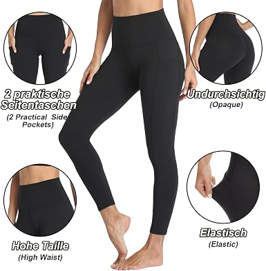 FOTOCITI Gym Leggings for Women with Pockets Black High Waisted Leggings Soft Elastic Opaque Tummy Control Slim Trousers Sports Workout Running Yoga Pants