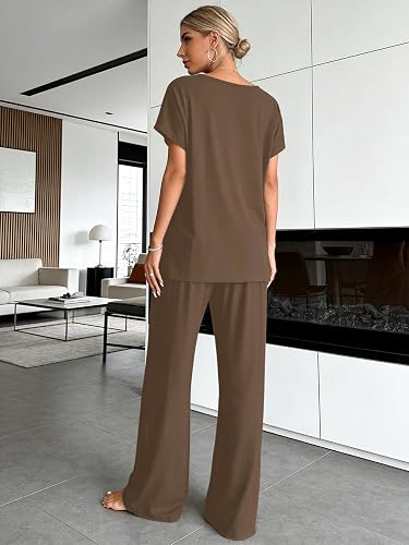 Womens 2 Piece Lounge Set Short Sleeve Top Wide Leg Pants High Waisted Outfit Two Piece Clothing