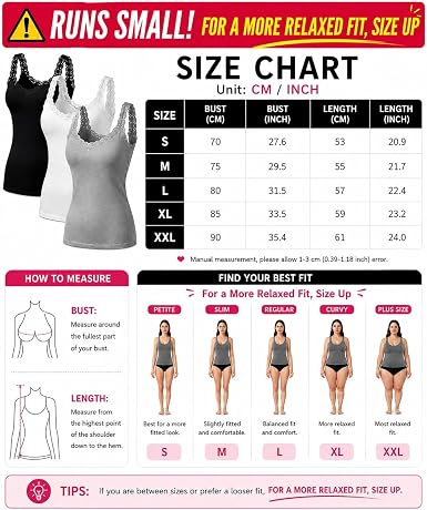 Women's Lace Trim Camisole Tops - Soft Stretch Cotton Blend Undershirts, Breathable Layering Tanks