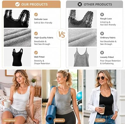Women's Lace Trim Camisole Tops - Soft Stretch Cotton Blend Undershirts, Breathable Layering Tanks