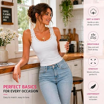Women's Lace Trim Camisole Tops - Soft Stretch Cotton Blend Undershirts, Breathable Layering Tanks