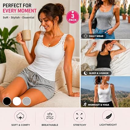 Women's Lace Trim Camisole Tops - Soft Stretch Cotton Blend Undershirts, Breathable Layering Tanks