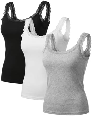 Women's Lace Trim Camisole Tops - Soft Stretch Cotton Blend Undershirts, Breathable Layering Tanks
