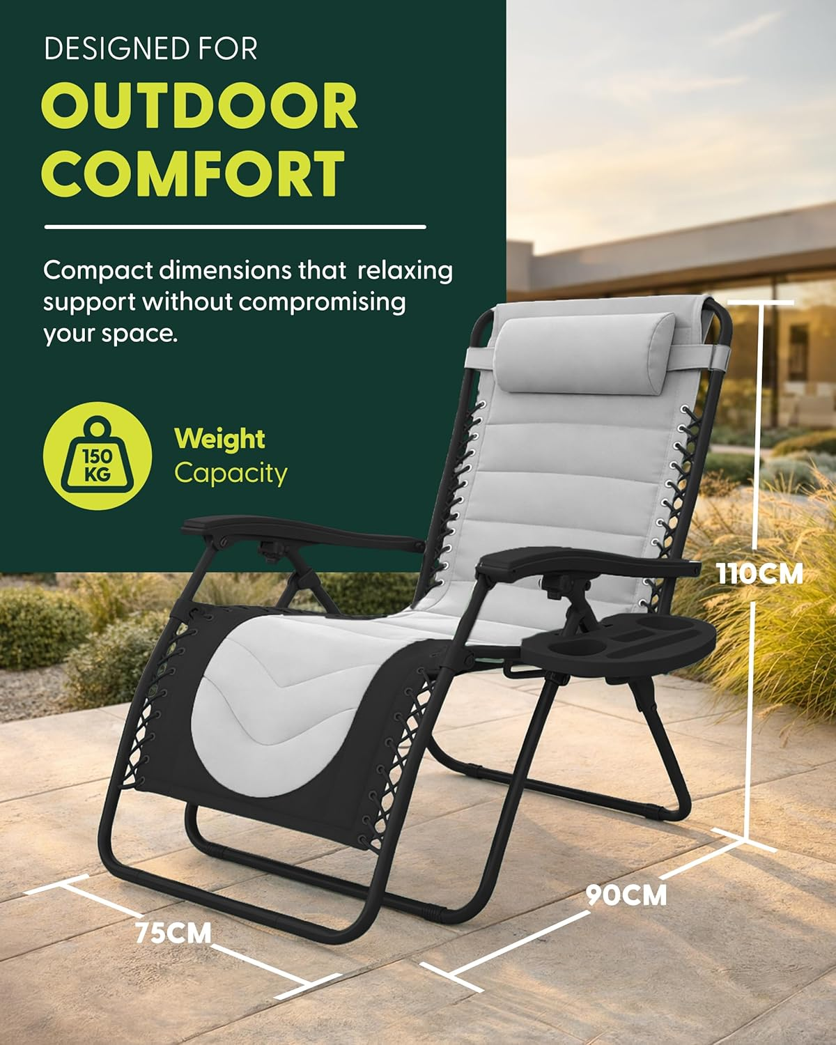 KEPLIN Set of 2 XXL Premium Heavy Duty Padded Two Tone Zero Gravity Chairs - Luxurious Garden Recliners, Adjustable Headrest, Cup & Phone Holder, Foldable, Patio Sun Loungers - 150