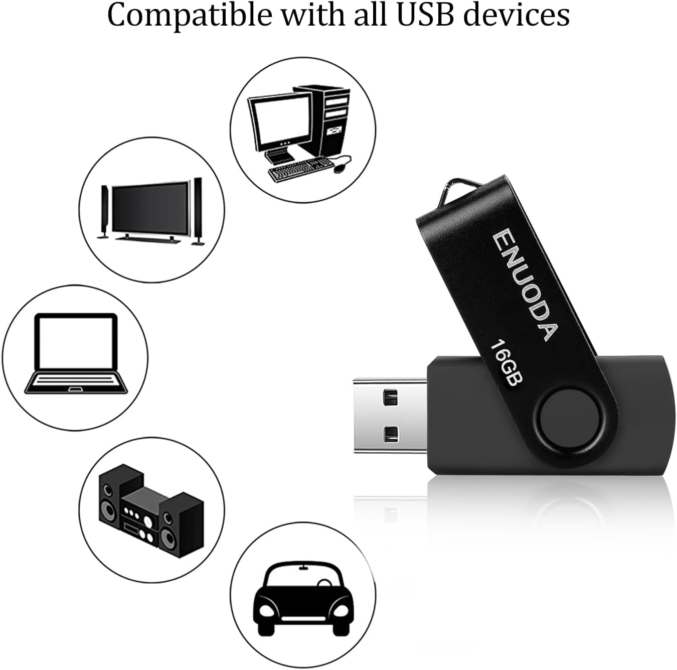 ENUODA 16GB USB Stick 1 Pack Memory Stick USB 2.0 Flash Drives Swivel Design Pen Drive for Data Storage Thumb Drive with LED Light (Black)