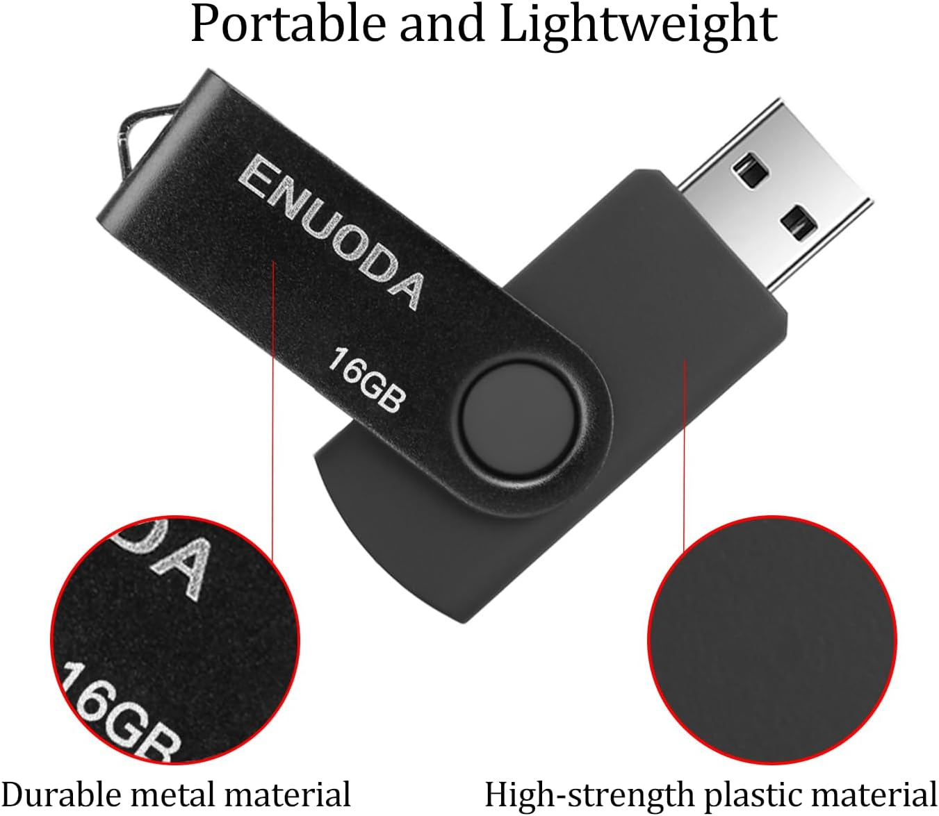ENUODA 16GB USB Stick 1 Pack Memory Stick USB 2.0 Flash Drives Swivel Design Pen Drive for Data Storage Thumb Drive with LED Light (Black)