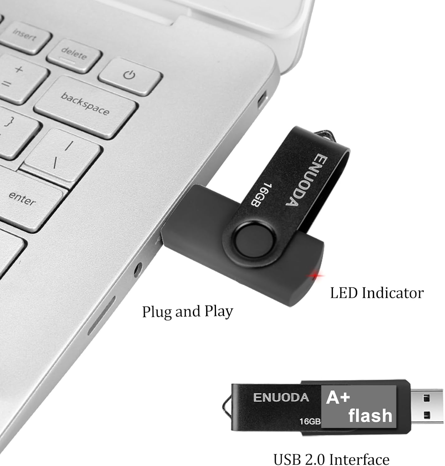 ENUODA 16GB USB Stick 1 Pack Memory Stick USB 2.0 Flash Drives Swivel Design Pen Drive for Data Storage Thumb Drive with LED Light (Black)
