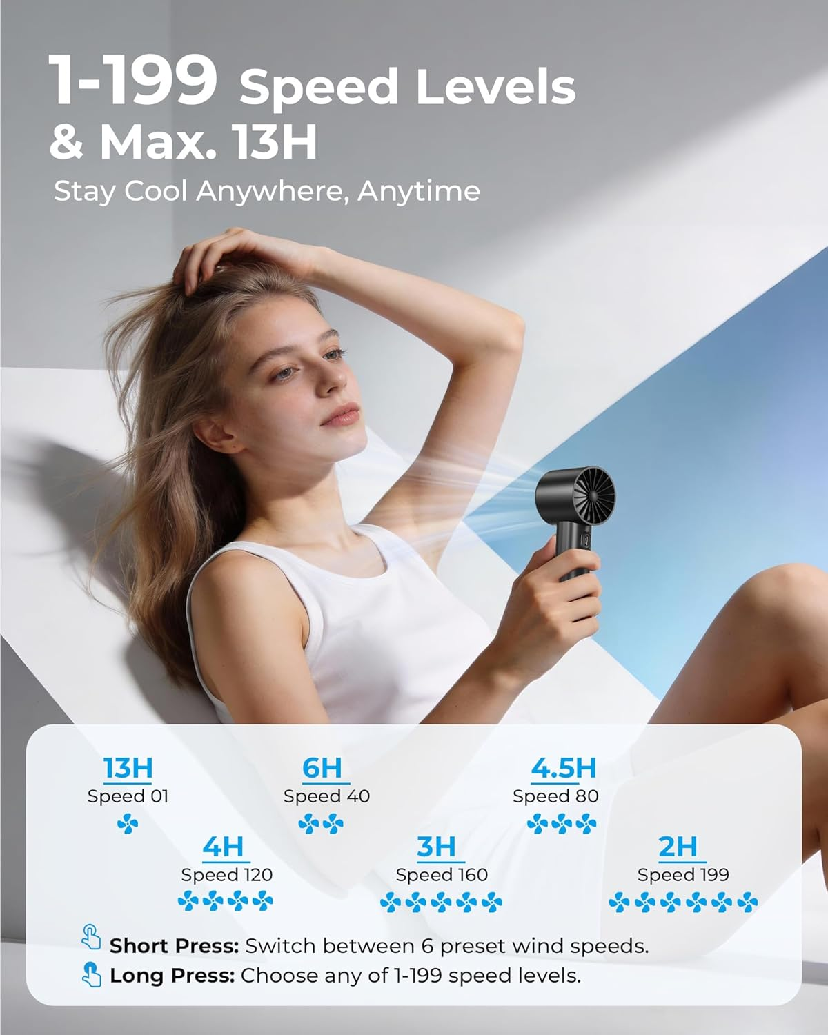 Portable Handheld Fan - Hand Fan with 1-199 Speed, Mini Fans Handheld with LED Display, Up to 13H, USB Rechargeable Hand Held Fans for Indoor, Outdoor, Travel, Makeup, Summer Gifts