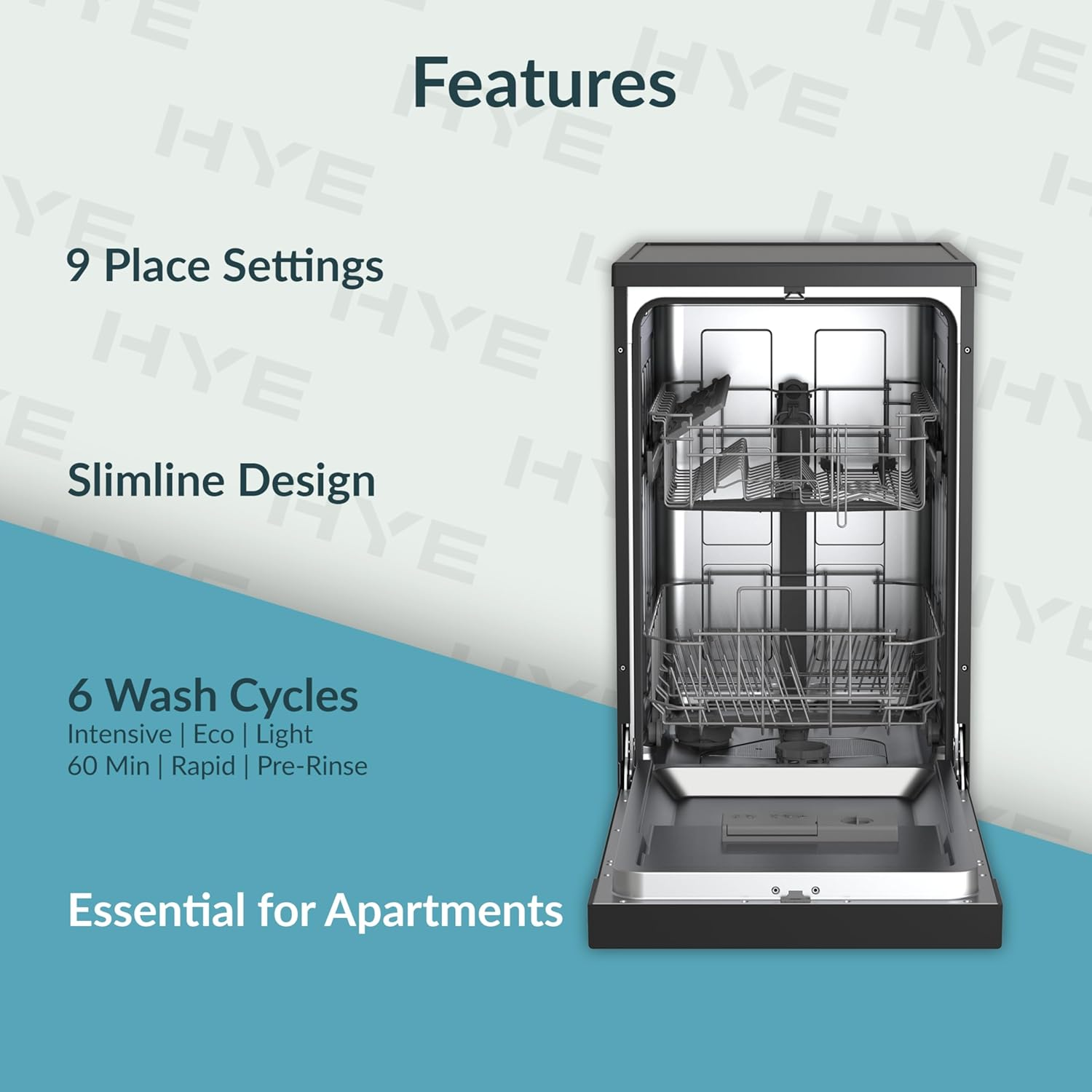 HYE Dishwasher - Slimline Dishwasher With 9 Place Settings, 45cm, Compact & Freestanding Design, Black, Eco Program, Quick Wash, Quiet (49 dB) - DW0109PB13