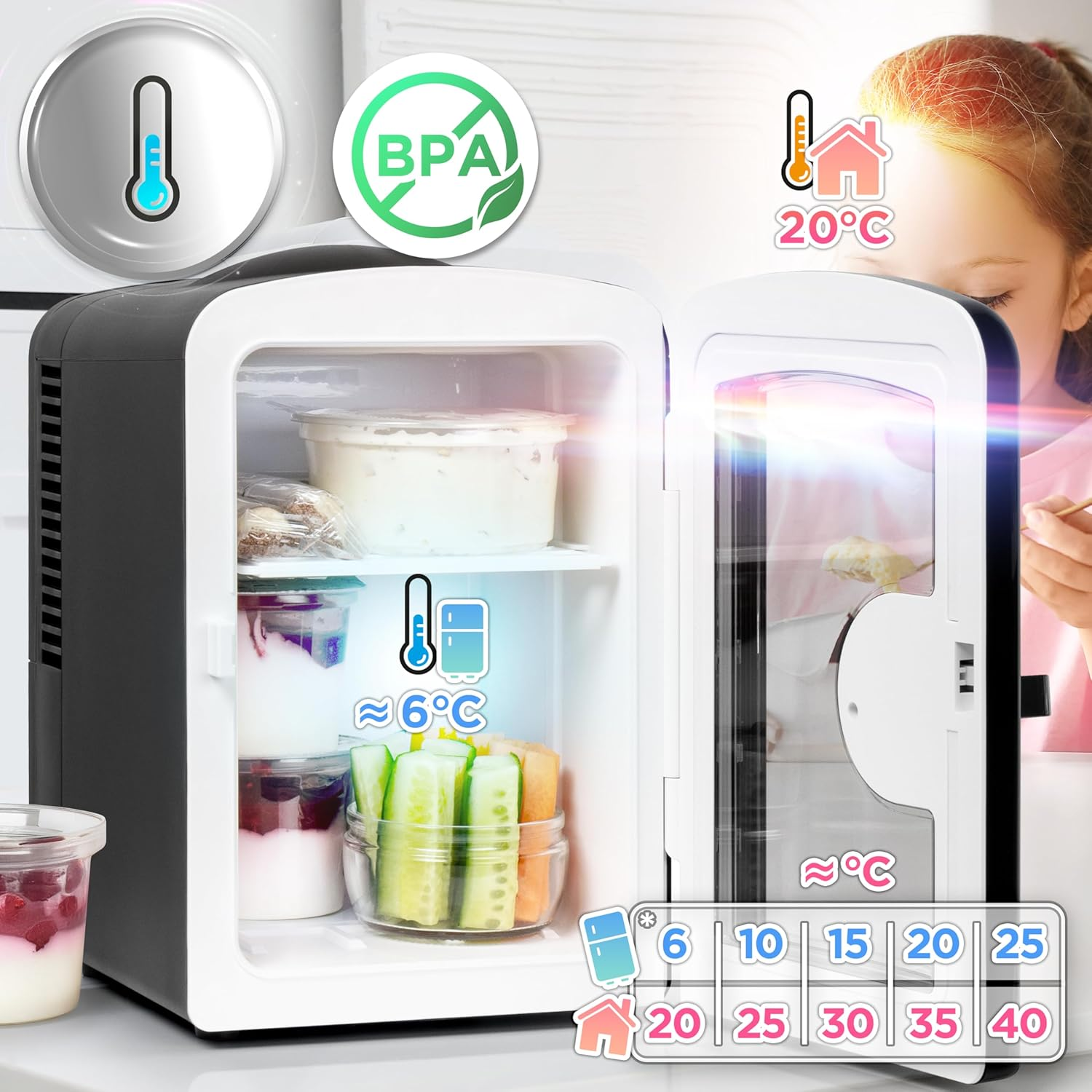 Duronic MFW4 BK Mini Fridge Warmer 4L Personal Refrigerator 6 Can Portable Drinks Cooler and Food Warmer, Skincare Fridge for Face Masks, AC/DC Small Fridges for Bedroom Home Offic