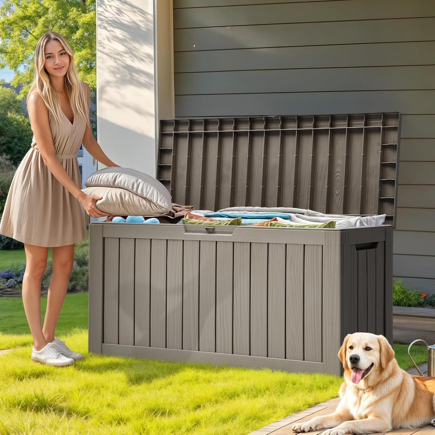 DWVO 270L Outdoor Resin Deck Box with Wheels, Waterproof Garden Storage Box for Patio Cushions, Sports Gear & Garden Tools, Lockable, Black
