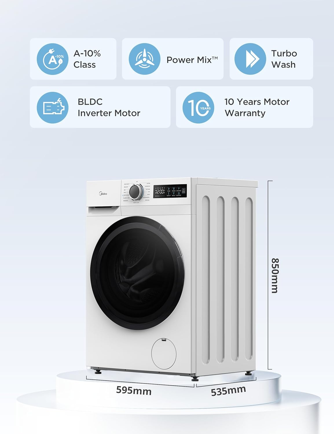 Midea Freestanding 10 KG Front Load Washing Machine Slim,A-10% Class,Steam Wash,Turbo Quick Wash,Durable Inverter BLDC,1400 RPM,White-MF110W100BA10/W-UK [Energy Class A]
