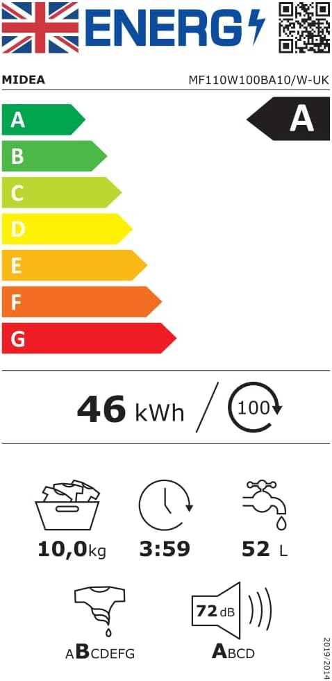 Midea Freestanding 10 KG Front Load Washing Machine Slim,A-10% Class,Steam Wash,Turbo Quick Wash,Durable Inverter BLDC,1400 RPM,White-MF110W100BA10/W-UK [Energy Class A]