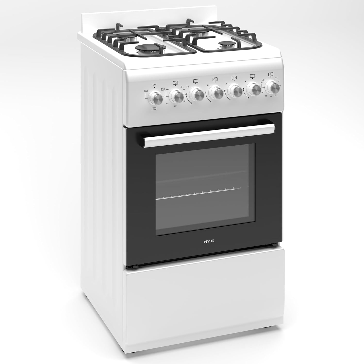 HYE Cooker - Gas Cooker, Versatile 4 Burner Gas Hob, Electric Oven, Smart Cooking Controls & Programs, 50cm Width, Freestanding Design, White, Ideal For Smaller Kitchens & Couples 