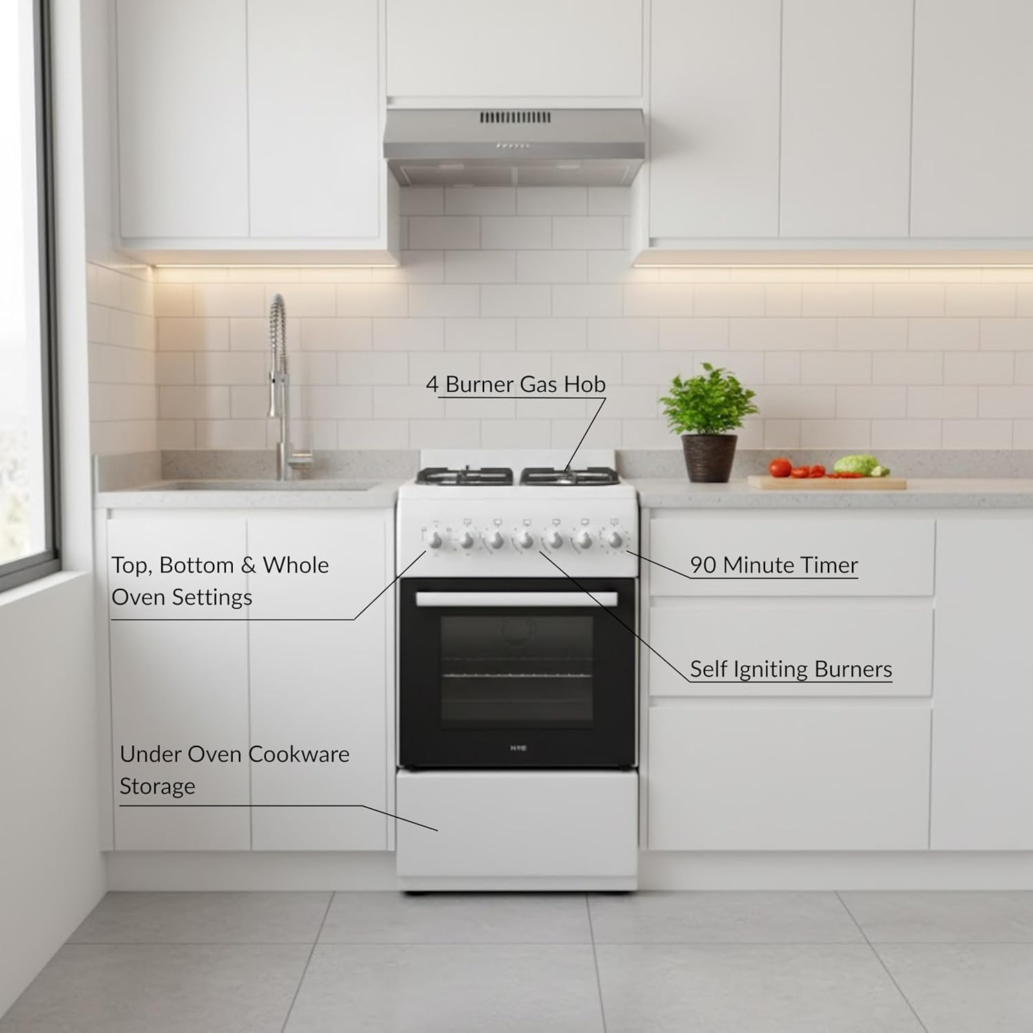 HYE Cooker - Gas Cooker, Versatile 4 Burner Gas Hob, Electric Oven, Smart Cooking Controls & Programs, 50cm Width, Freestanding Design, White, Ideal For Smaller Kitchens & Couples 