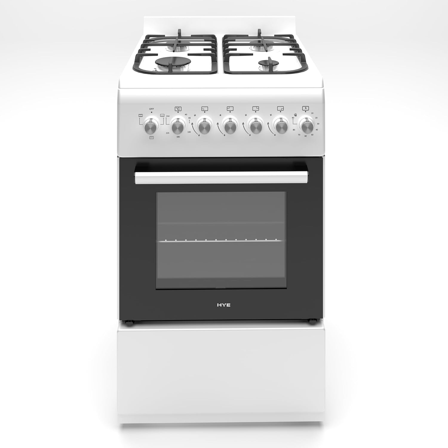 HYE Cooker - Gas Cooker, Versatile 4 Burner Gas Hob, Electric Oven, Smart Cooking Controls & Programs, 50cm Width, Freestanding Design, White, Ideal For Smaller Kitchens & Couples 