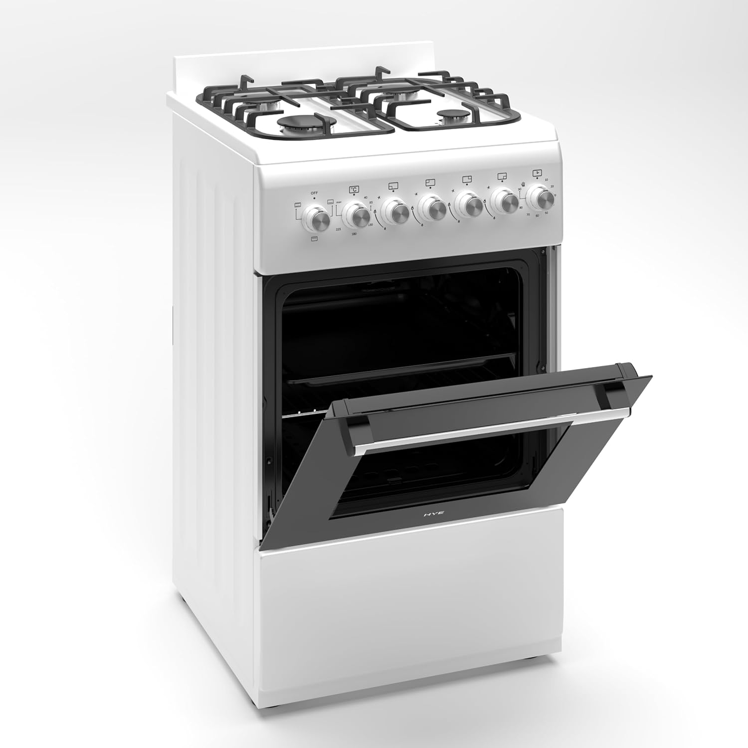 HYE Cooker - Gas Cooker, Versatile 4 Burner Gas Hob, Electric Oven, Smart Cooking Controls & Programs, 50cm Width, Freestanding Design, White, Ideal For Smaller Kitchens & Couples 