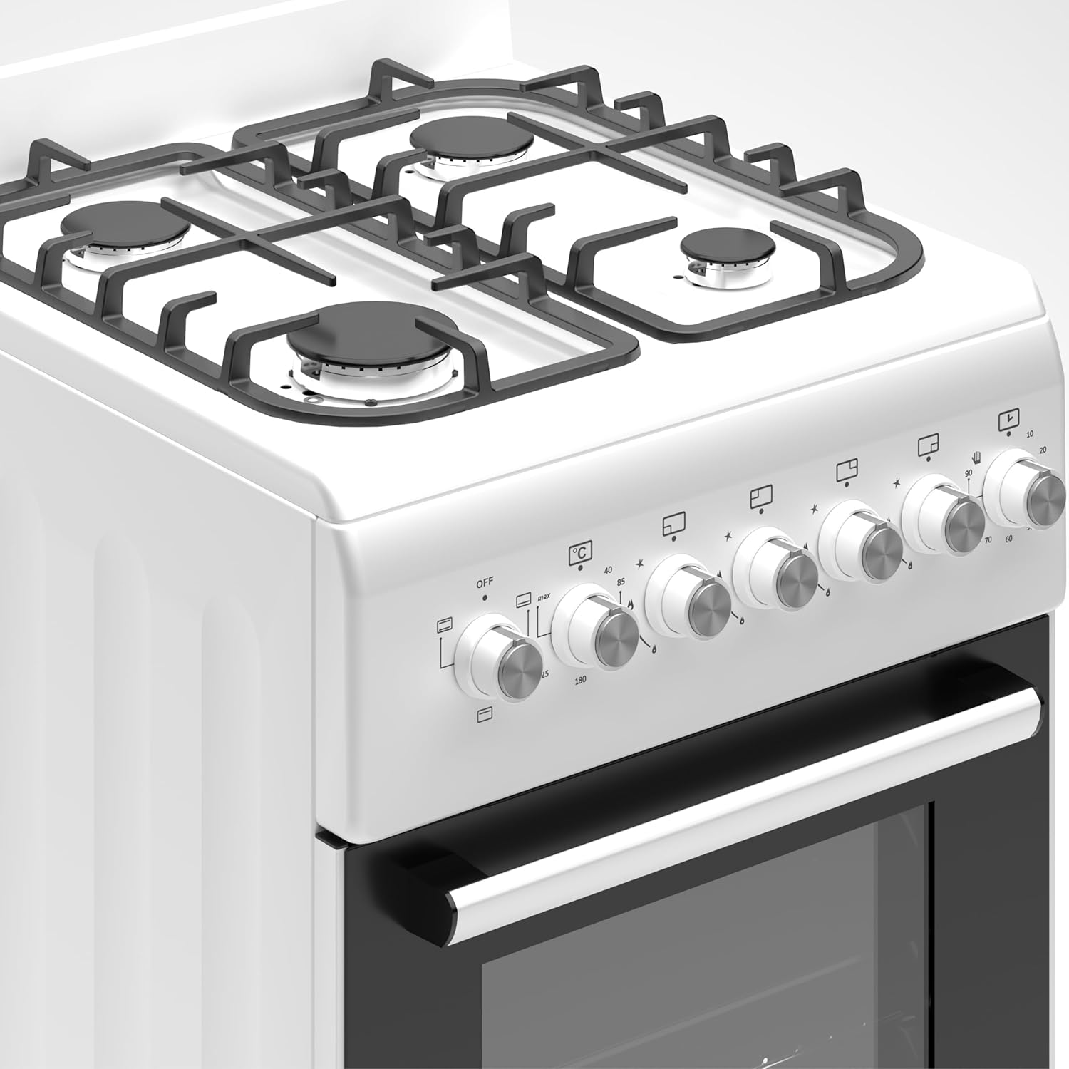HYE Cooker - Gas Cooker, Versatile 4 Burner Gas Hob, Electric Oven, Smart Cooking Controls & Programs, 50cm Width, Freestanding Design, White, Ideal For Smaller Kitchens & Couples 