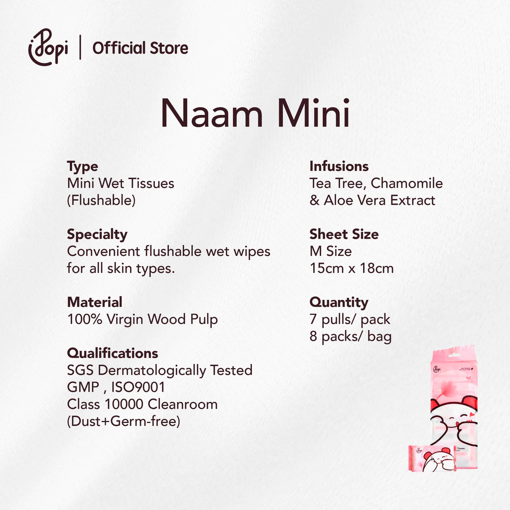 Popi Naam Mini Tisu Basah Tandas | Flushable Wet Tissues, Gentle on Skin with Tea Tree, Chamomile and Aloe Vera Extract