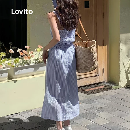 Lovito Casual Dress Pocket Belted Spring/summer Blue Dress for Women L142LD431
