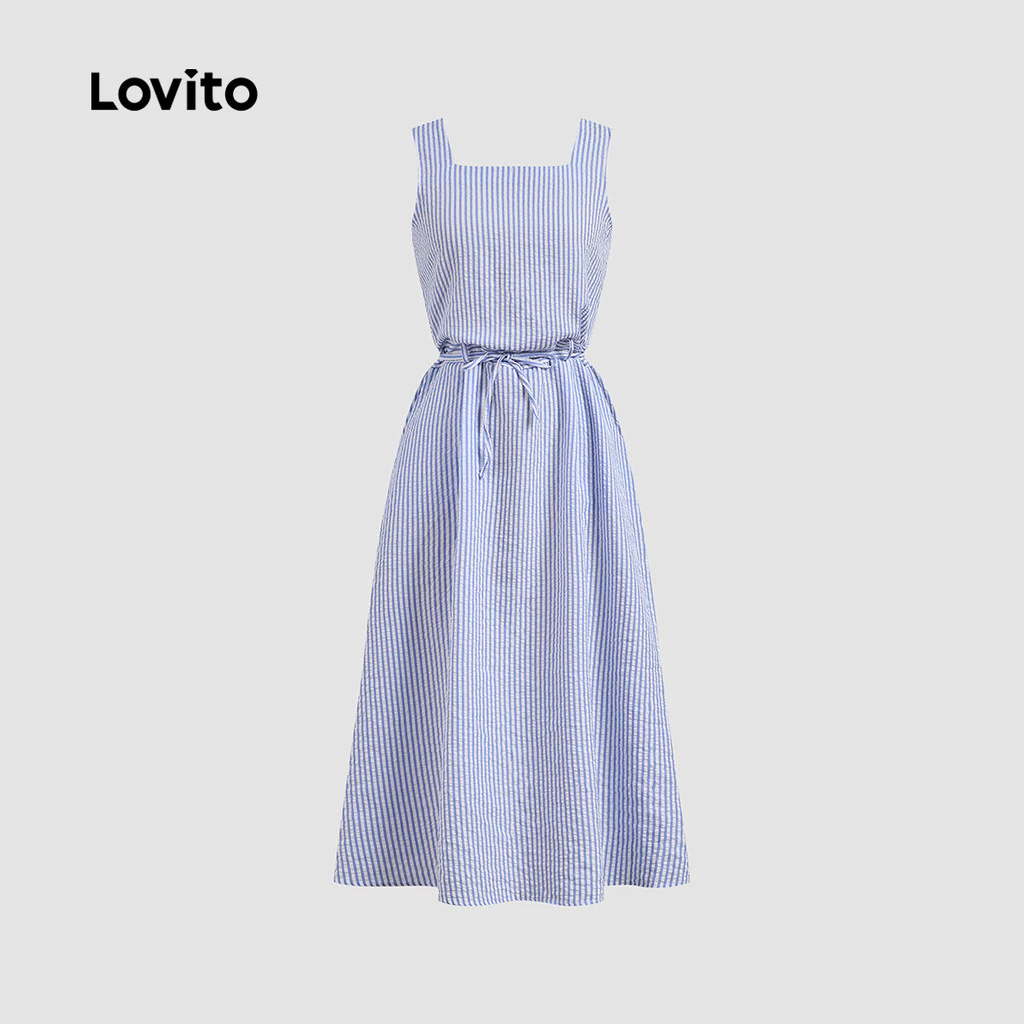 Lovito Casual Dress Pocket Belted Spring/summer Blue Dress for Women L142LD431