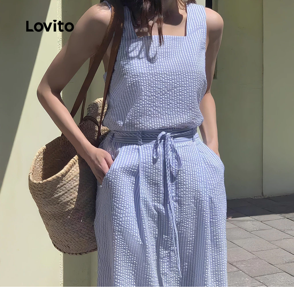 Lovito Casual Dress Pocket Belted Spring/summer Blue Dress for Women L142LD431