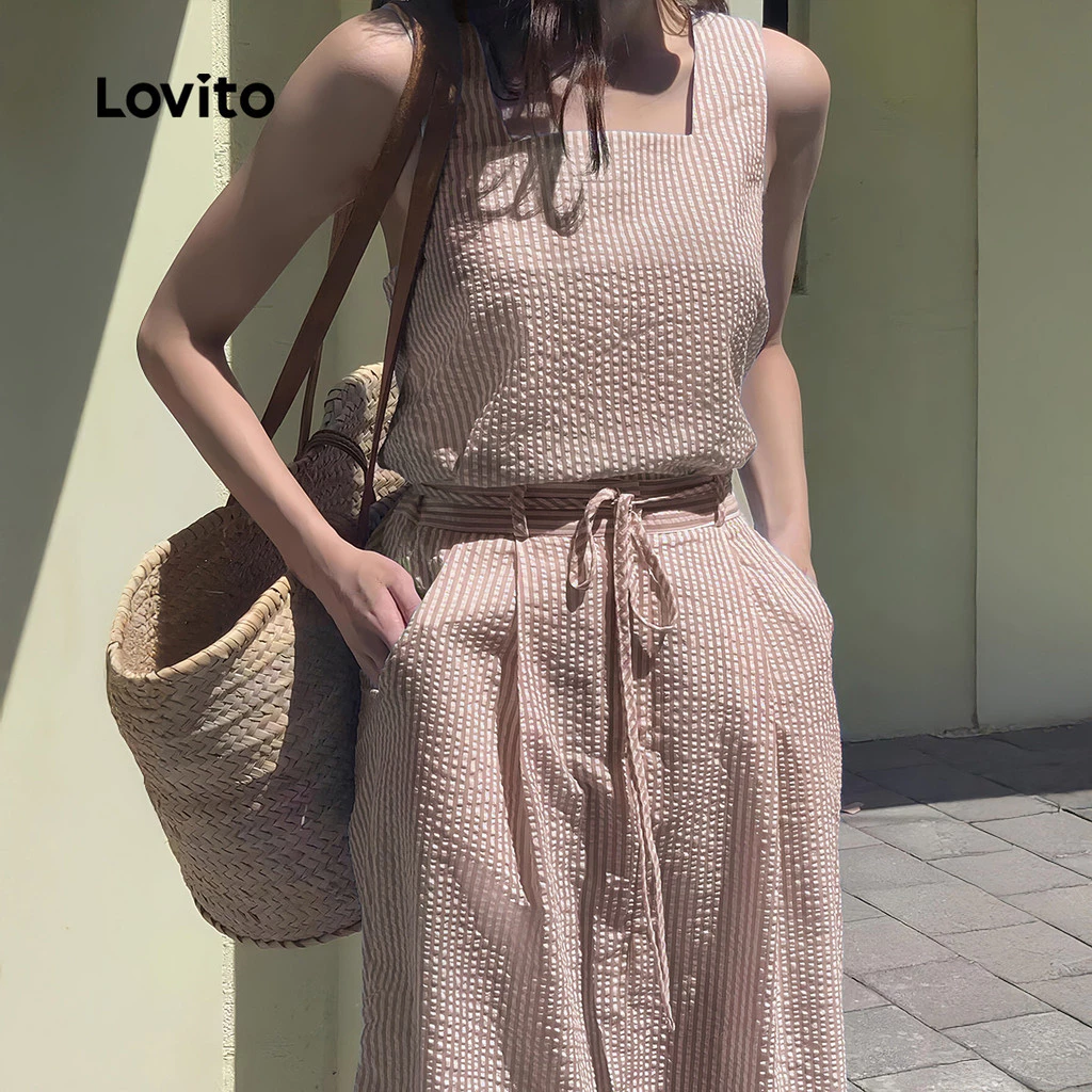 Lovito Casual Dress Pocket Belted Spring/summer Blue Dress for Women L142LD431