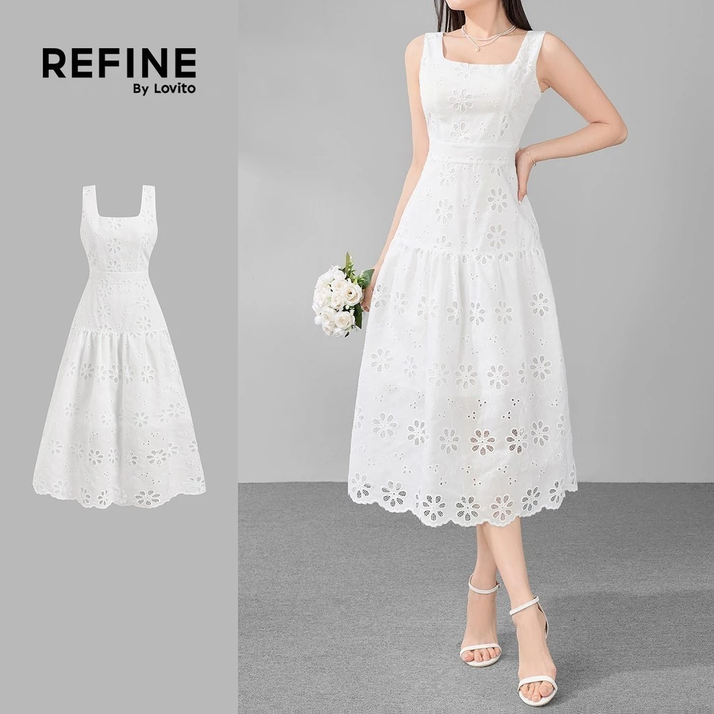 (Refine by Lovito) Casual Floral Eyelet Embroidery Ruffle Hem White Cotton Dress for Women LR11ED070