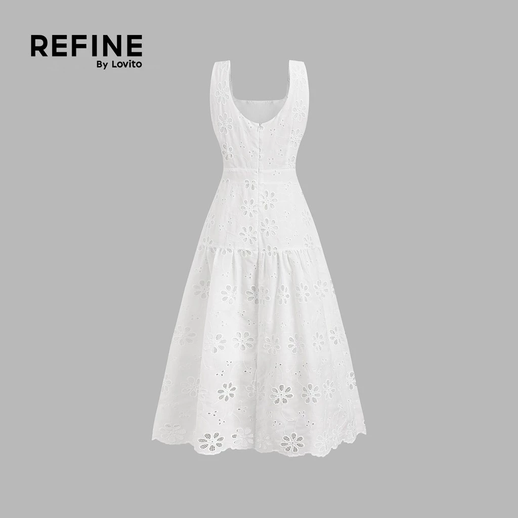 (Refine by Lovito) Casual Floral Eyelet Embroidery Ruffle Hem White Cotton Dress for Women LR11ED070
