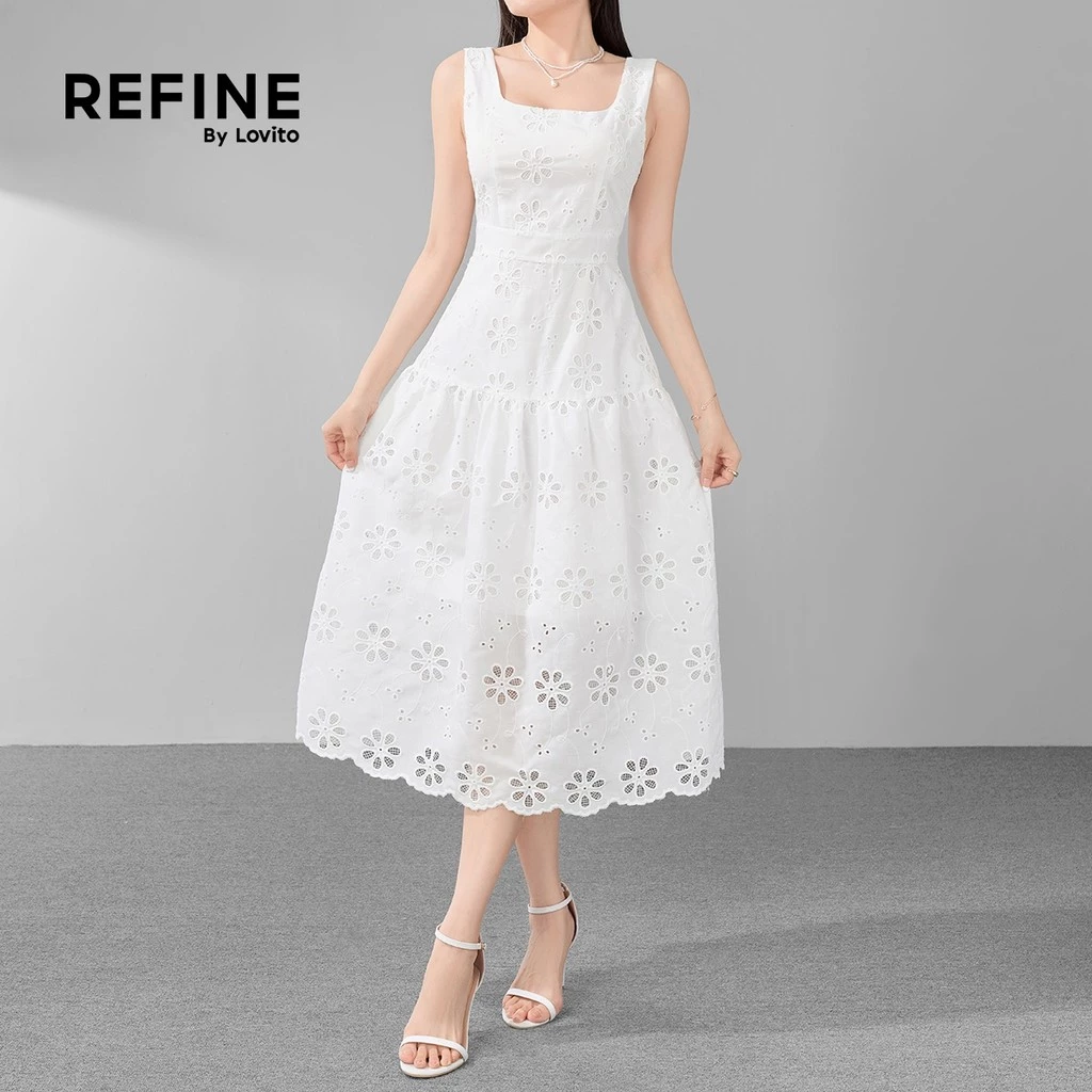 (Refine by Lovito) Casual Floral Eyelet Embroidery Ruffle Hem White Cotton Dress for Women LR11ED070