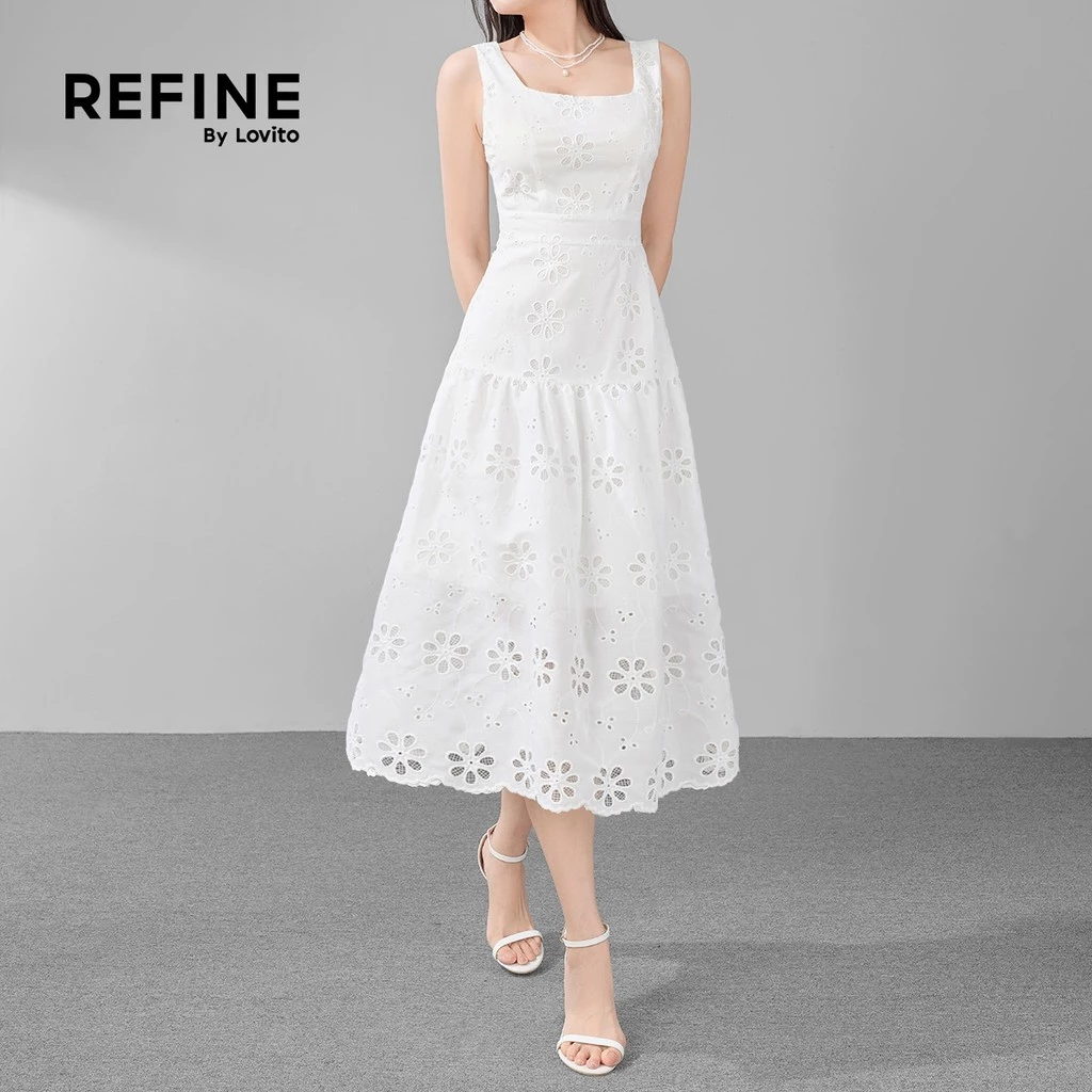 (Refine by Lovito) Casual Floral Eyelet Embroidery Ruffle Hem White Cotton Dress for Women LR11ED070