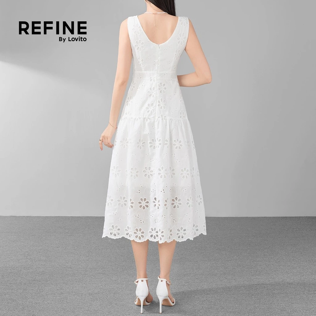 (Refine by Lovito) Casual Floral Eyelet Embroidery Ruffle Hem White Cotton Dress for Women LR11ED070