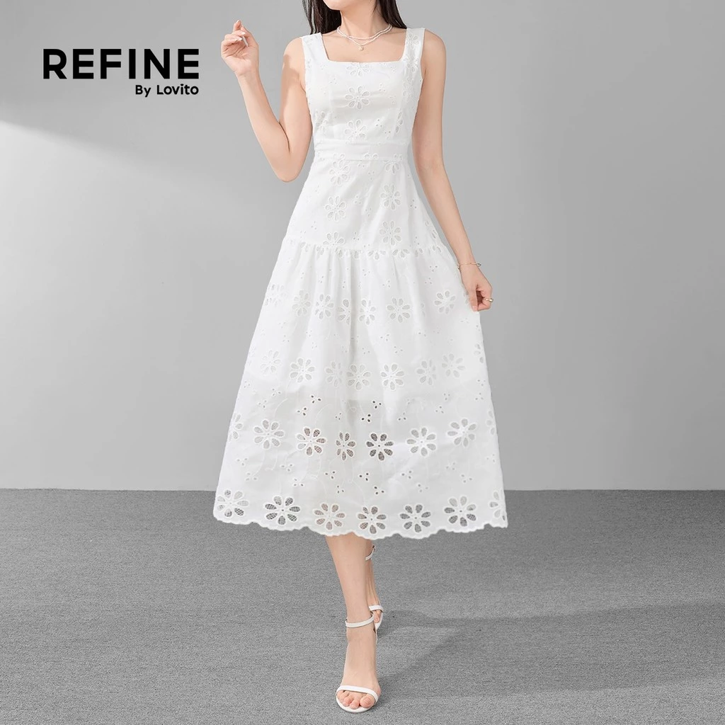 (Refine by Lovito) Casual Floral Eyelet Embroidery Ruffle Hem White Cotton Dress for Women LR11ED070