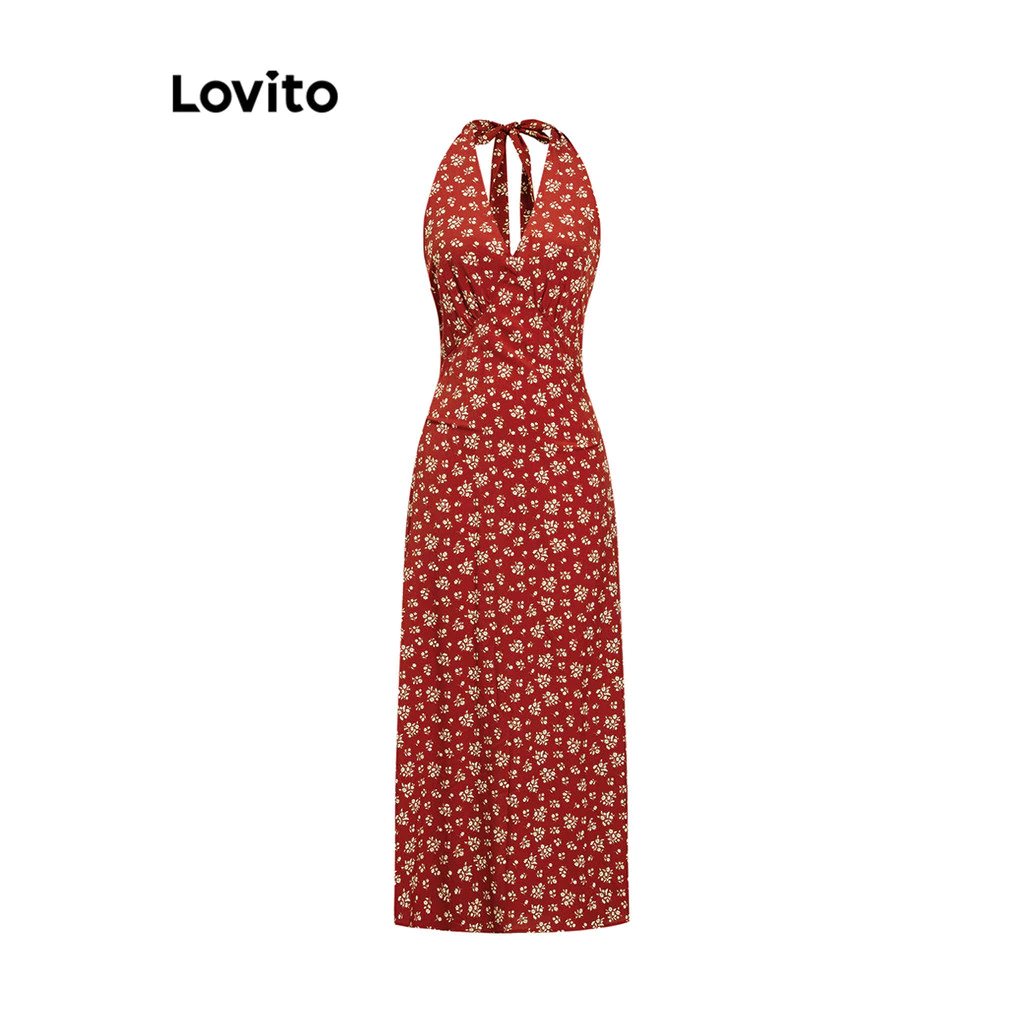 Lovito Vacation Romantic Dress Ditsy Floral Flowers Pleated Tie Back Dress for Women L106AD891