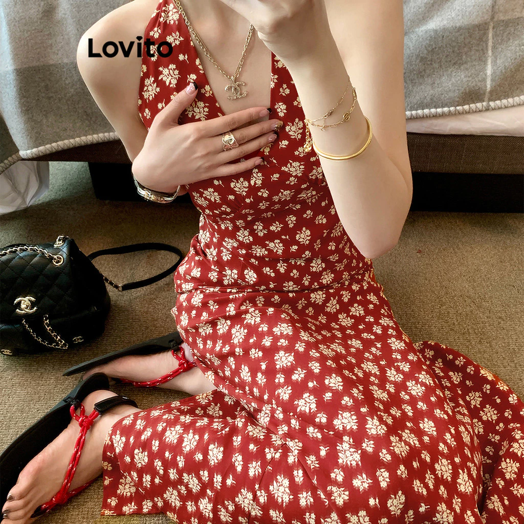 Lovito Vacation Romantic Dress Ditsy Floral Flowers Pleated Tie Back Dress for Women L106AD891