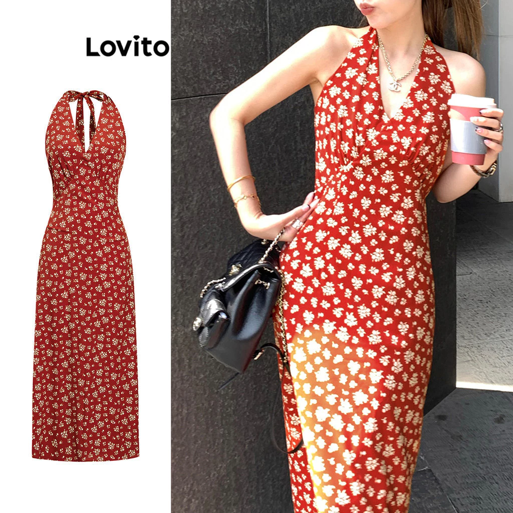 Lovito Vacation Romantic Dress Ditsy Floral Flowers Pleated Tie Back Dress for Women L106AD891