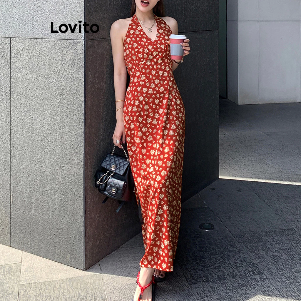 Lovito Vacation Romantic Dress Ditsy Floral Flowers Pleated Tie Back Dress for Women L106AD891