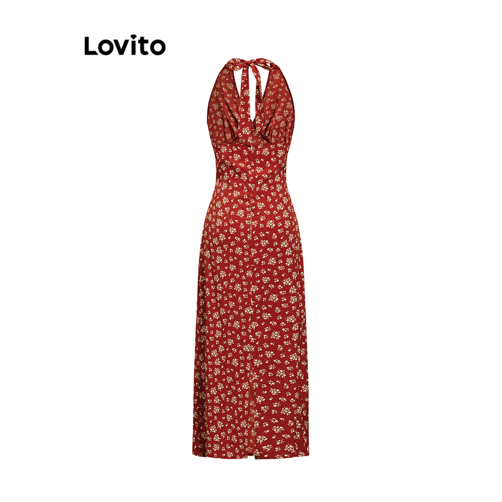 Lovito Vacation Romantic Dress Ditsy Floral Flowers Pleated Tie Back Dress for Women L106AD891